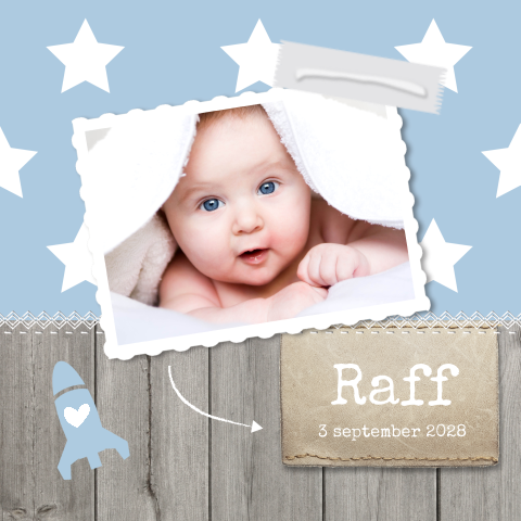 Leuk geboortekaartje jongen blauwe raket en sterren