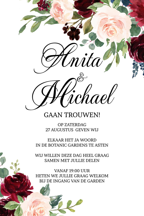 Romantische trouwkaart roze en rode bloemen