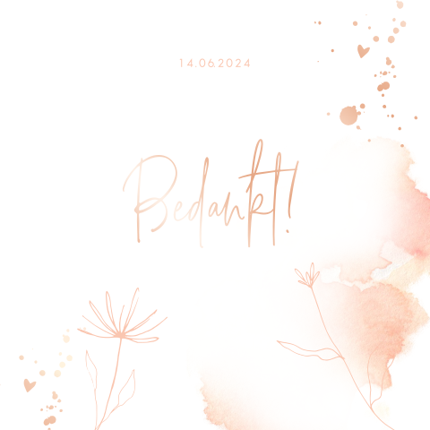 Mooie bedankkaart met aquarel, takjes, bloemen en foliedruk