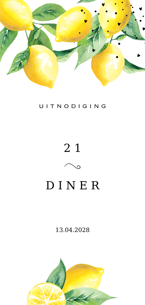 21 diner uitnodiging met ronde hoeken citroenen en blaadjes