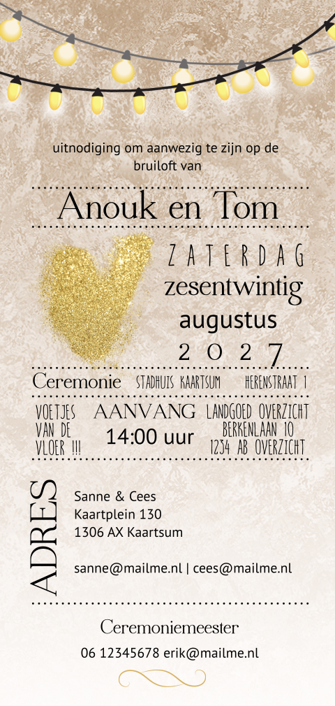 Langwerpige trouwkaart met lampjes en gouden hart