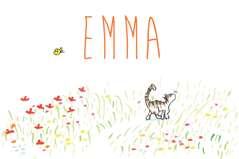 Getekend geboortekaartje voor meisje met een kat in grasveld