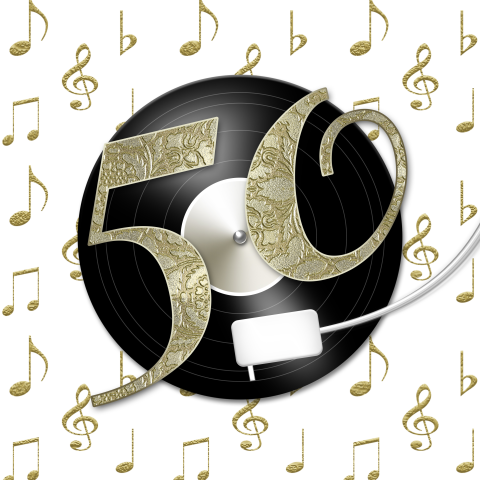 Uitnodiging voor een 50 jaar getrouwd feest met een lp en muzieknoten