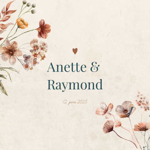 Trouwkaart aardetinten vintage look geschilderde bloemen