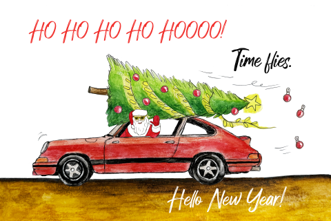 Kerstkaart met kerstman in Porsche  kerstboom
