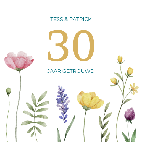 Jubileum uitnodiging 30 jaar getrouwd met veld bloemen