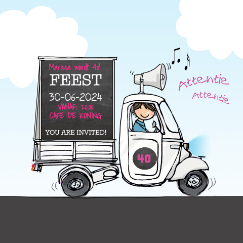 Uitnodiging feest met tekening witte vespa ape
