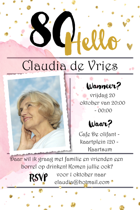 Uitnodiging 80e verjaardag feest met roze confetti en typografie