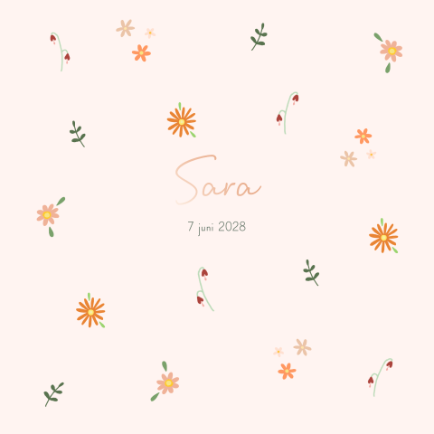 Geboortekaartje meisje met bloemen in roze en oranje