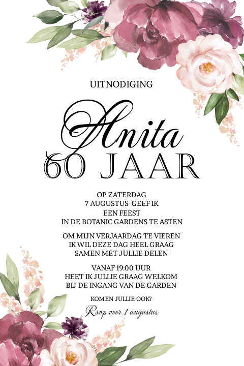 Uitnodiging voor 60e verjaardag vrouw met roze en paarse bloemen