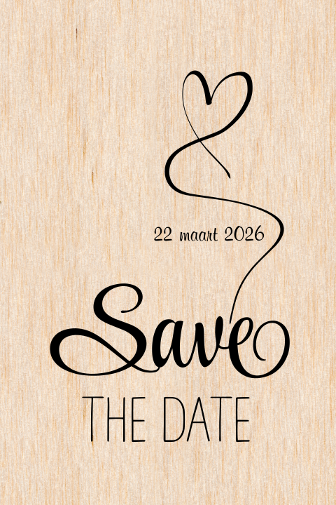 Save the date uitnodiging met hart op echt berkenhout