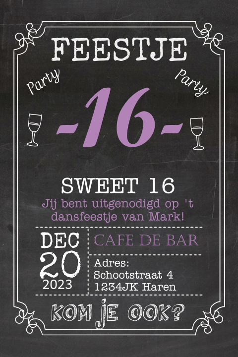 Uitnodigingskaart 16e verjaardag krijtbord met typografie