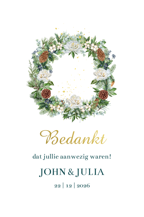 Bedankkaart trouwen met winterse krans van witte rozen en dennenappels