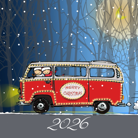 Geillustreerde kerst kaart met volkswagen bus en stelletje