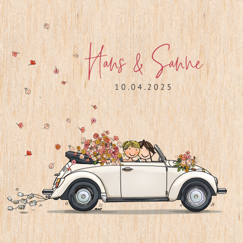 Vrolijke houten trouwkaart met trouwauto en bloemen