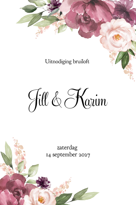 Uitnodiging voor huwelijk met prachtige roze en paarse bloemen