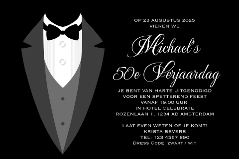 Formele zwart wit uitnodiging voor 50e verjaardag