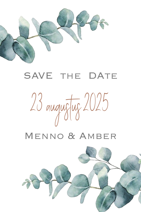 Save the date kaart eucalyptus bladeren