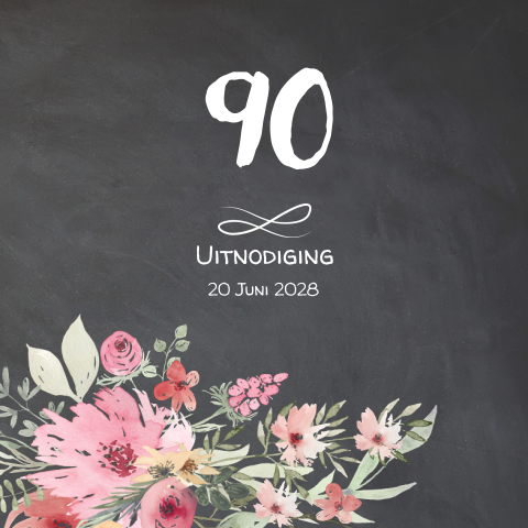 Uitnodiging 90 jaar verjaardag krijtbord met aquarel bloemen