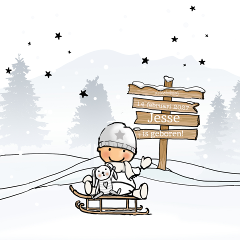 Schattig winter geboortekaartje getekend jongen op slee