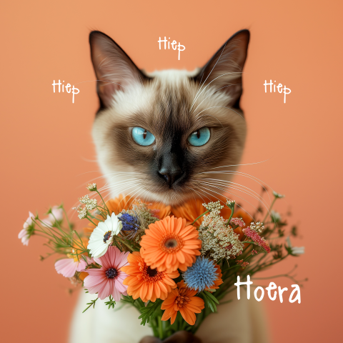 Wenskaart Siamese kat met bloemen
