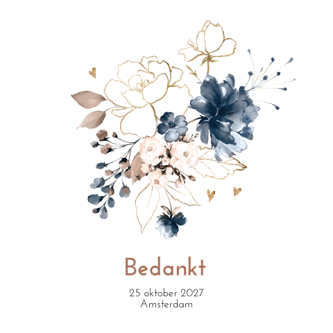 Bedankkaart huwelijk met bloemen en hartjes