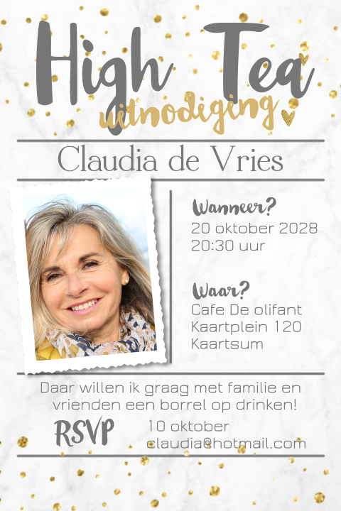 Uitnodiging high tea gouden glitters en foto