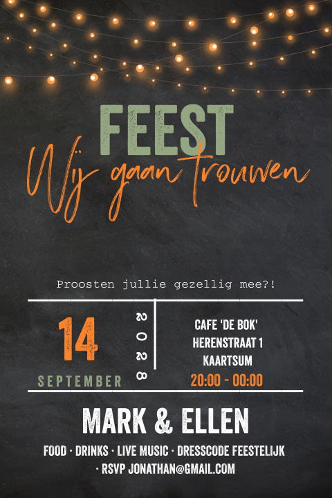 Trouwkaart  krijtbord en lampjes