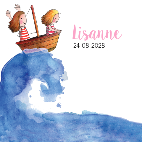 Geboortekaartje voor een meisje met 2 zusjes in een bootje