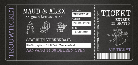 Trouwkaart ticket lang zwart trouwkaarten festivalstijl