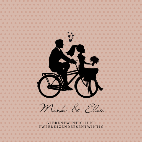 Trouwkaart met bruidspaar op fiets in silhouet 
