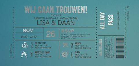 Trouwkaart ticket zilverfolie
