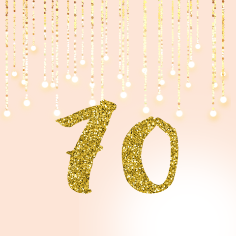 Uitnodiging 70 jaar in roze wit en goud met feestelijke slingers