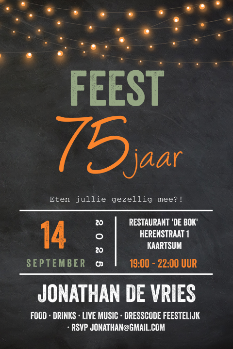 Uitnodiging 75 jaar krijtbord en lampjes