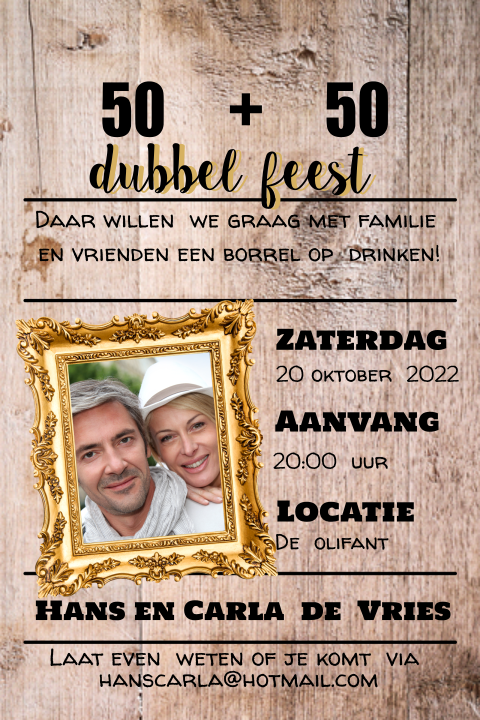 Uitnodiging voor een dubbel feest met hout en fotolijst