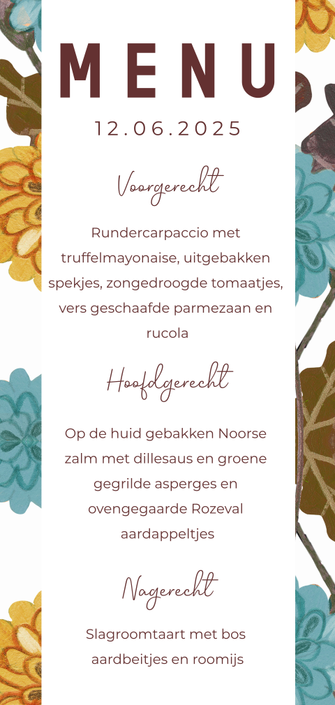 Menukaart trouwen geel en blauw bloemen