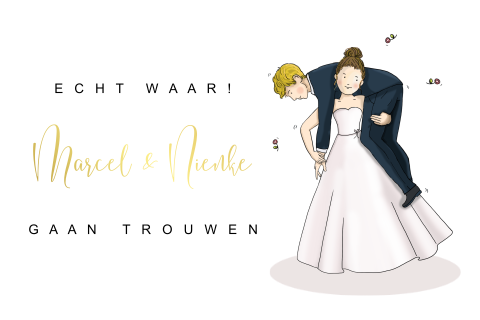 Leuke trouwkaart met bruidspaar optillen
