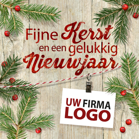 Zakelijke vierkante kerstkaart met kersttakken, hout en eigen logo