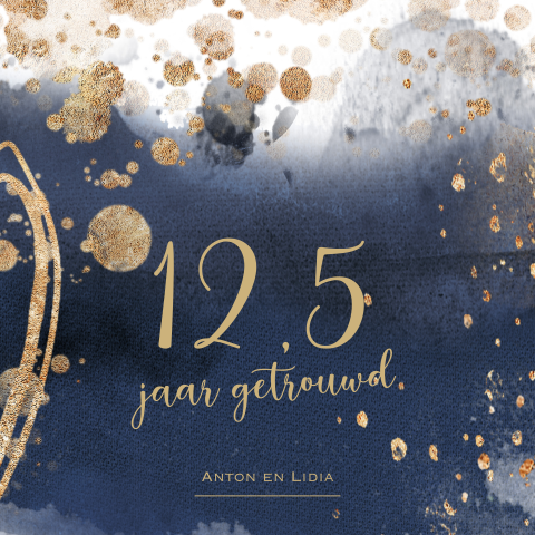 Watercolor uitnodiging 12,5 jubileum blauw met goud look kleur