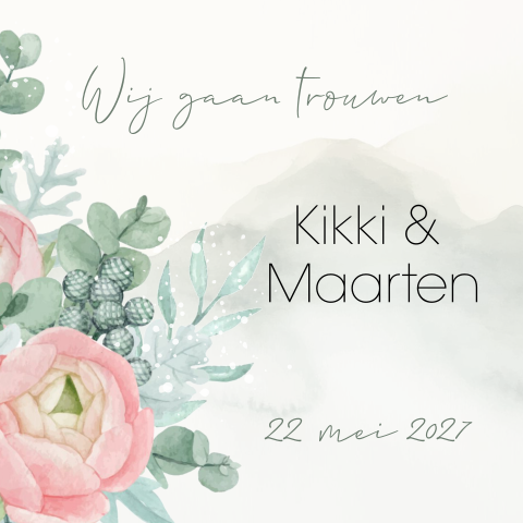 Trouwkaart romantische roze bloemen en groene bladeren