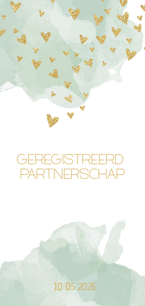 Geregistreerd Partnerschap met hartjes regen in goudlook en aquarel