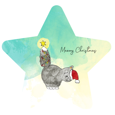 Kerstkaart in de vorm ster met illustratie kat