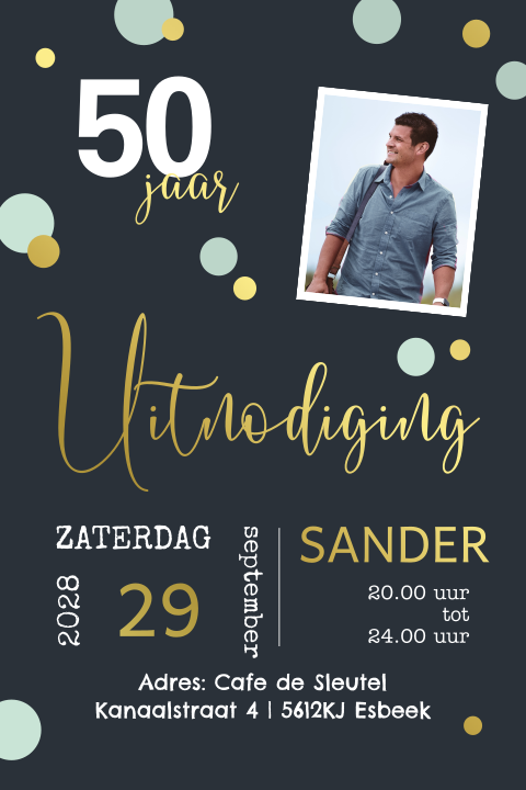 Verjaardagsuitnodiging 50e verjaardag tekst blauw en goudfolie