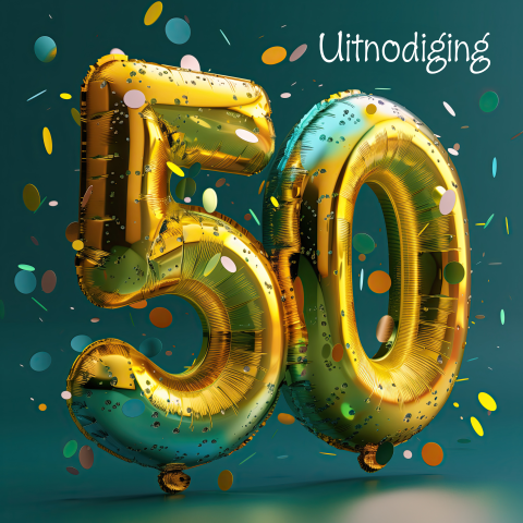 Uitnodiging 50 jaar ballonnen goud en confetti