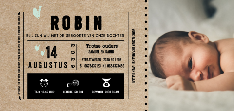 Ticket geboortekaartje kraft look met foto