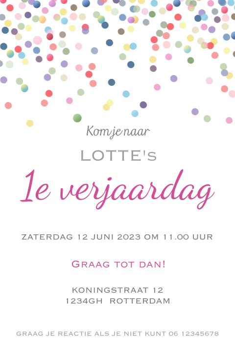 Hippe uitnodiging eerste verjaardag met confetti