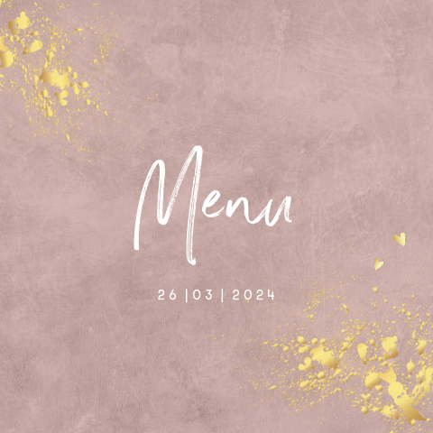 Menukaart oud roze achtergrond met goud look verf spetters en hartjes