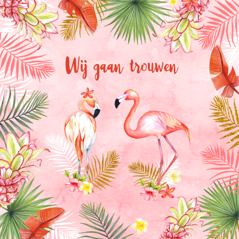 Trouwkaart tropisch met flamingo paar