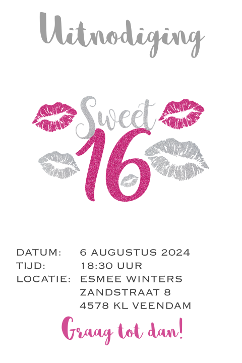 Uitnodiging sweet 16 party met kusjes