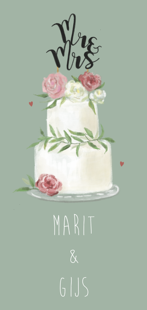 Trouwkaart met getekende bruidstaart met bloemen
